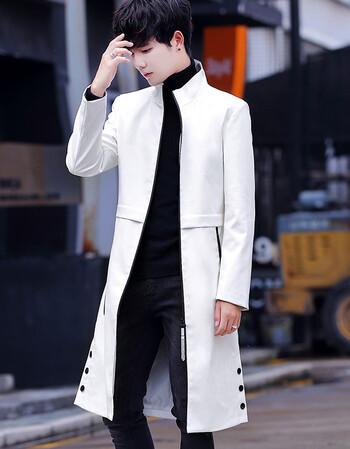 修身个性潮流中长款夹克男风衣春秋非主流帅气皮大衣外套 白色(5771)
