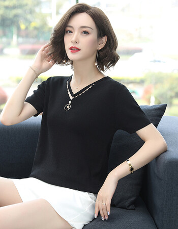 冰丝上衣女短袖体恤百搭显瘦2019夏季新款宽松大码桑蚕丝打底t恤 黑色