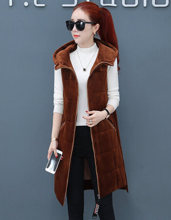 2018秋冬新款韩版中长款金丝绒外套女ulzzang加绒加厚马甲上衣服 焦糖