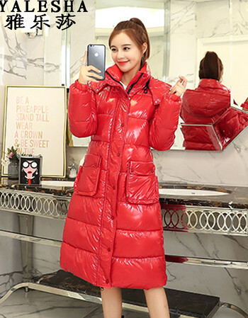 莎棉衣女中长款2018冬装新款时尚百搭亮面休闲羽绒服外套棉衣女 红色