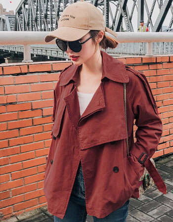 风衣女短款秋装女士风衣韩版潮小个子卡其色外套 红色 s