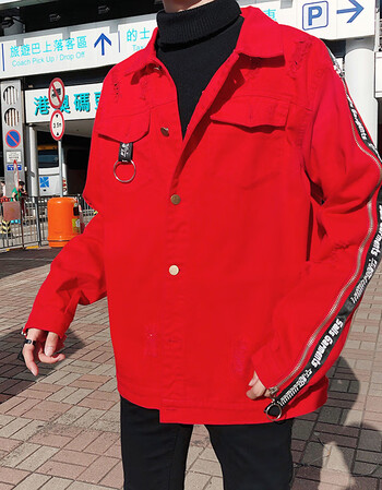 牛仔衣简约宽松原宿港风潮流嘻哈帅哥衣服潮男ins超火的上衣帅 红色 l