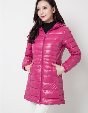 轻薄羽绒服女中长款连帽加肥加大码200斤胖妹妹 玫红色 s
