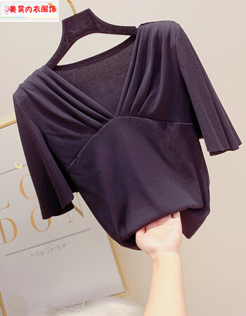 百褶v领垫肩喇叭短袖t恤女夏季新款显瘦纯色洋气网红打底上衣 黑色