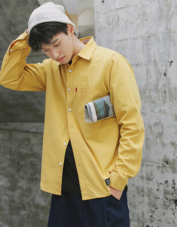 now2018秋季新款衬衫男士纯色青年潮流日系街头长袖衬衣男 黄色 m