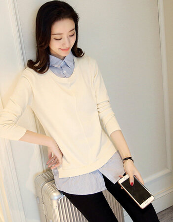 衬衣领毛衣女士韩版纯色衬衫领假两件套时尚修身打底针织衫 乳白色 s