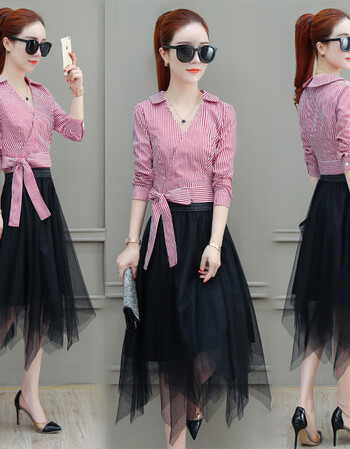 洋气连衣裙春秋女2019新款春装气质流行女装套装裙网纱裙子两件套