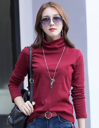 秋季打底衫女纯棉长袖百搭大码高领上衣秋装t恤胖mm秋天 酒红色 4xl