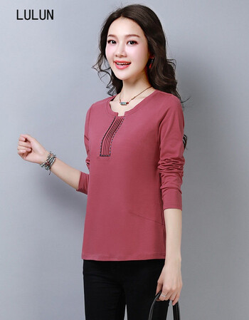 2018秋装新款中年女装大码上衣春秋长袖t恤衫打底衫纯色修身衣服 豆沙