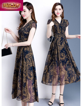 京东好货〗夏季连衣裙2019新款韩版修身显瘦中长款过膝气质复古印花