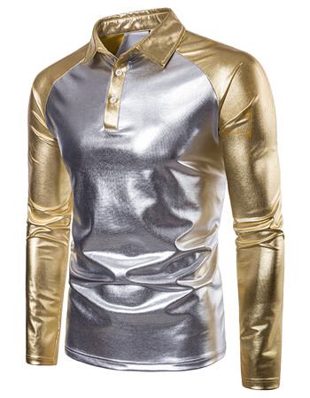 秋冬款男装双色烫金插肩袖拼接男式长袖polo衫 翻领休闲青年衣服 银色