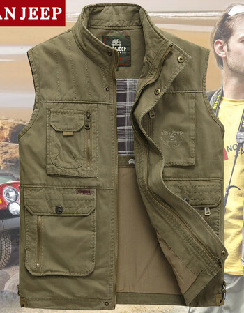 jeep马甲 男士外套秋冬导演休闲钓鱼摄影背心男马夹 9976-纯棉卡其色