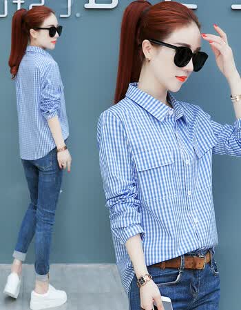 蕴玫(yunmei)格子衬衫女2018秋装新款韩版小清新长袖衬衣秋天时尚宽松