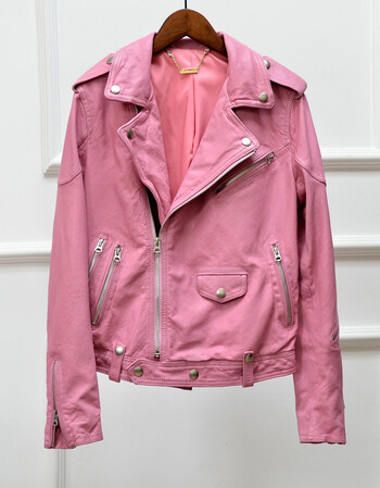 秋海宁进口植鞣绵羊皮小外套女机车夹克短款真皮皮衣时尚休闲 粉色 xl