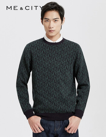 mecity男装字母几何图案印花圆领修身纯棉长袖针织毛衫519126 绿色组