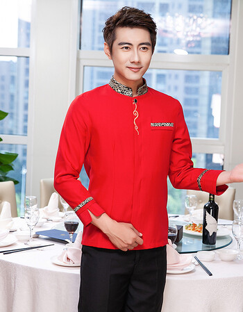 服长袖酒店饭店餐饮火锅中式餐厅服务员工作服秋冬套装 红色男款上衣