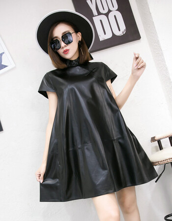 2017秋冬新款真皮复古盘扣连衣裙绵羊皮时尚大摆旗袍短裙女半袖裙