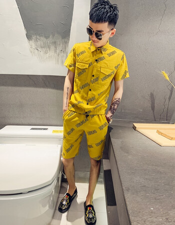 梦迪蔻2019夏季社会精神小伙短袖衬衫套装短裤一套男套装 黄色 2xl