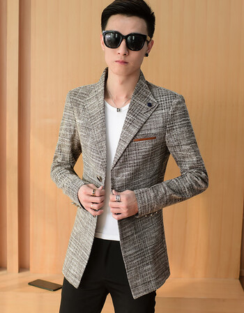 loo2018秋冬新款中长款男装西服翻领呢料小条格西装男 卡其色 m