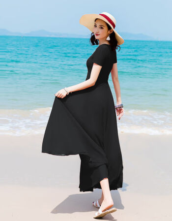 雪纺连衣裙女2021夏新款收腰显瘦度假过膝短袖沙滩裙长裙黑色l98110斤