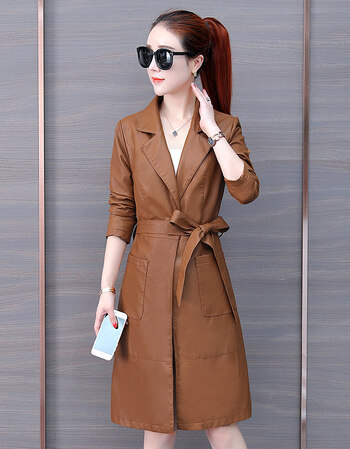 2018秋装新款女装修身大码风衣外套中长款时尚过膝pu皮外衣潮 焦糖色