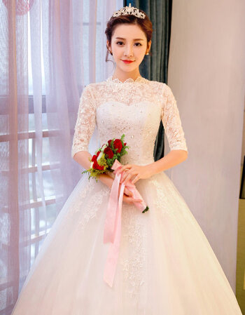 新品婚纱礼服新娘结婚韩式大码拖尾白色长袖显齐地圆领 齐地[送配饰七
