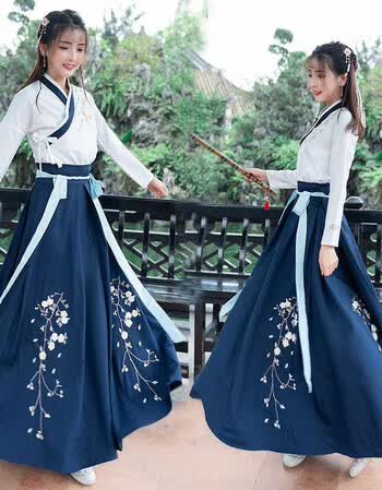 新款改良汉服女正版成人夏交领襦裙日常套装班服中国风古装学生装 蓝色全套 M100-120斤(160-165cm）【图片 价格 品牌 报价】-京东