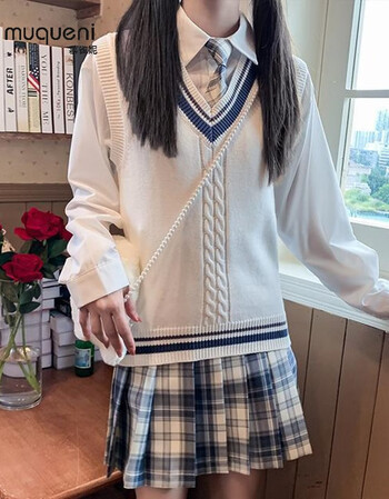 慕雀妮三学院风温柔一刀宽松长袖马甲背心毛衣jk制服百搭领带百褶马甲