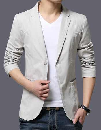 款西装男2018新款纯棉修身青年潮流大码男士休闲西服外套 米白色850款