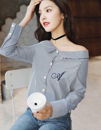 2018夏季小清新一字领露肩漏肩上衣女条纹长袖一字肩衬衫 黑白条纹 s