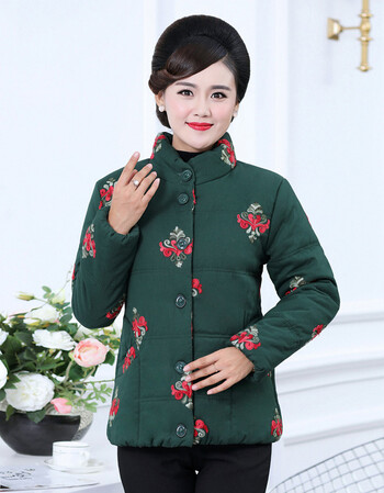 款冬装女中年短款棉服上衣中老年人女装立领花棉袄秋冬款 吉祥花墨绿