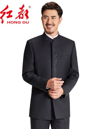 红都立领修身羊毛男士中山装套装中国风绣花商务中山装中式礼服藏蓝色