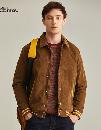 2018秋季新款细条灯芯绒翻领夹克男撞色潮流休闲男士外套 摩卡棕 xl