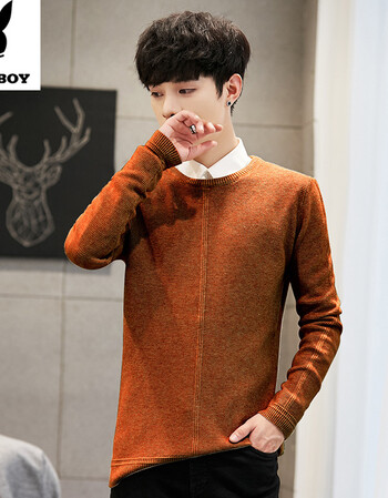 毛衣男秋冬新款韩版学生潮流男生个性休闲潮流圆领套头针织衫 橘色 m