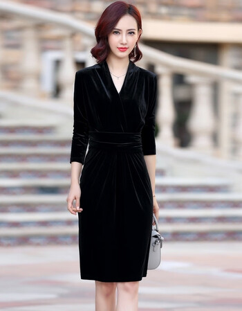 气质2018秋冬女装长袖丝绒连衣裙时尚冬季打底裙 821黑色 l