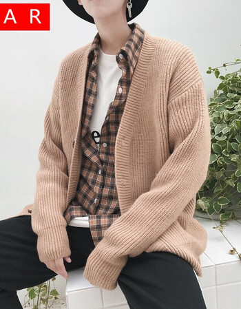 新款针织开衫男宽松韩版潮流纯色毛衣男士线衫外套长袖上衣 卡其色 xl