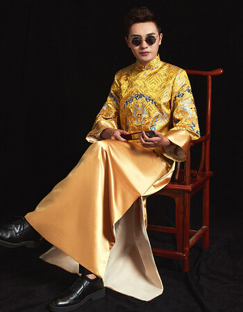 秀禾服男新郎服装中式礼服结婚秀禾男唐装马褂龙凤褂男士 金色男装 l