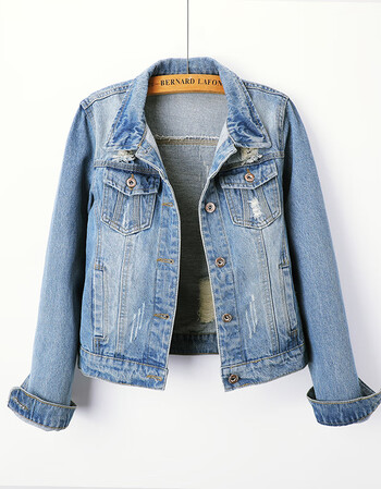 春秋牛仔外套女短款修身韩版新款显瘦百搭长袖牛仔服上衣破洞大码