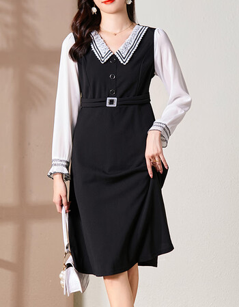 奢姿2022年春装新款大码女装时尚拼接连衣裙胖妹妹娃娃领裙子黑撞白色