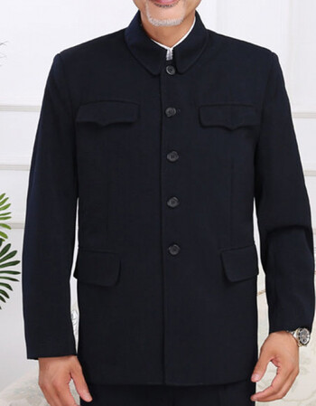 中山装单层秋冬中老年男装爷爷外套褂子经典翻领男士唐装曼迪尚藏青色