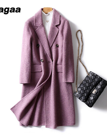 huagaa 2018秋冬新款中长款四粒扣羊毛口袋纯色毛呢大衣 星空紫 s