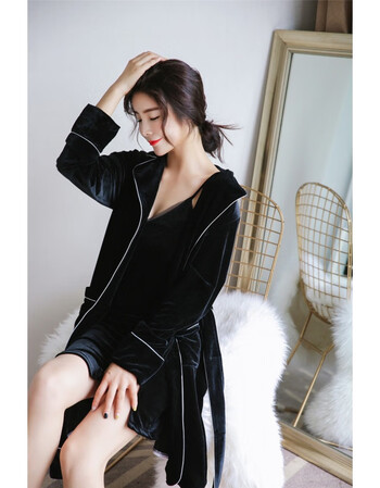 睡衣女秋冬长袖睡袍性感诱惑吊带睡裙两件套浴袍家居服女春秋 黑色