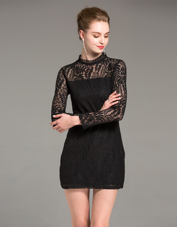 韩版高端女装2018秋冬新款半高领树叶镂空绣花蕾丝修身打底连衣裙