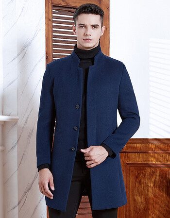 秋冬羊毛大衣男士中长款无羊绒立领毛呢风衣青年商务修身尼子外套 宝