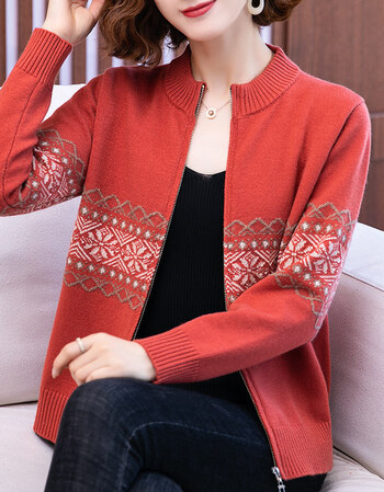 女士毛线衣外披毛衣外套开衫女春秋宽松立领印花短款妈妈针织披肩外搭