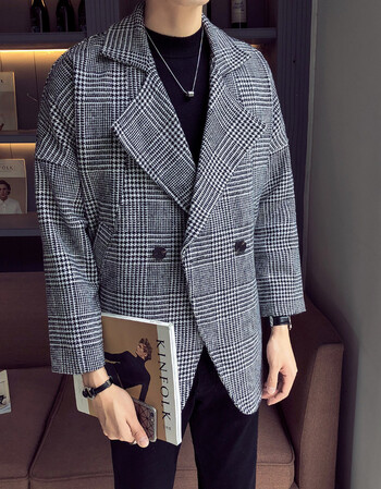 秋冬新款 男装韩版休闲千鸟格风衣男修身舒适中长款外套 黑色 m