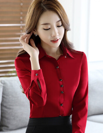 职业红色衬衫女长袖上衣2019春装新款韩版女式加绒打底衬衣工作服