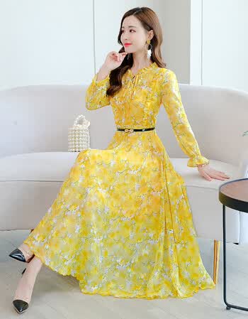 新款时尚雪纺连衣裙女超仙气质收腰长款碎花裙沙滩大摆长裙女黄色xl