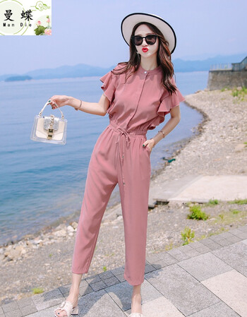 春夏天雪纺连体裤连体裤女可爱小个套装高腰深档休闲连衣裤 粉色 xl