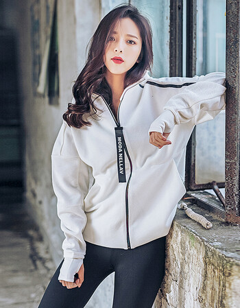 运动跑步套装女瑜伽宽松透气健身服长袖情侣大码外套上衣 白色外套